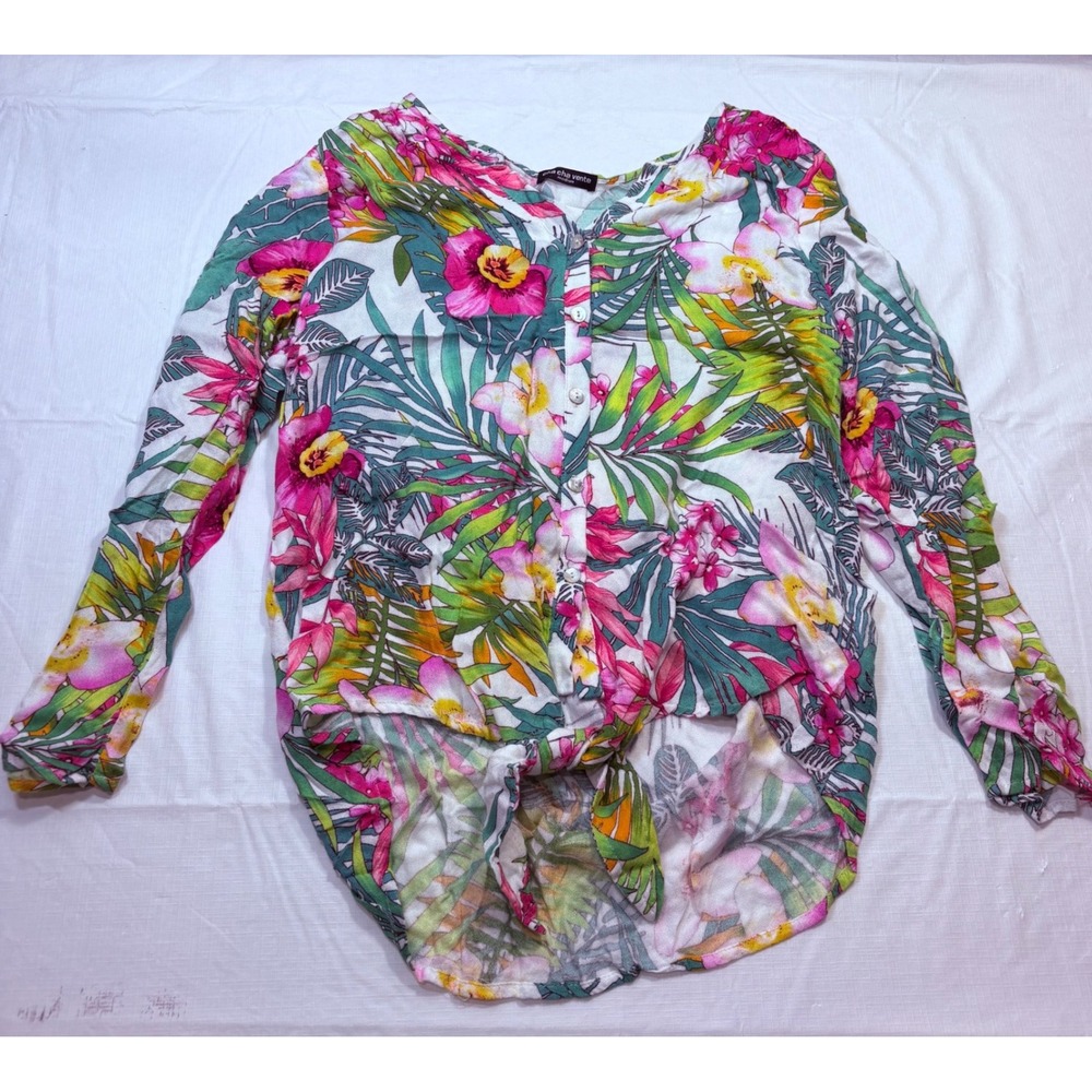 Cha Cha Vente Womens Medium Tropical‎ Floral Rayon Front Tie Button Down Blouse
